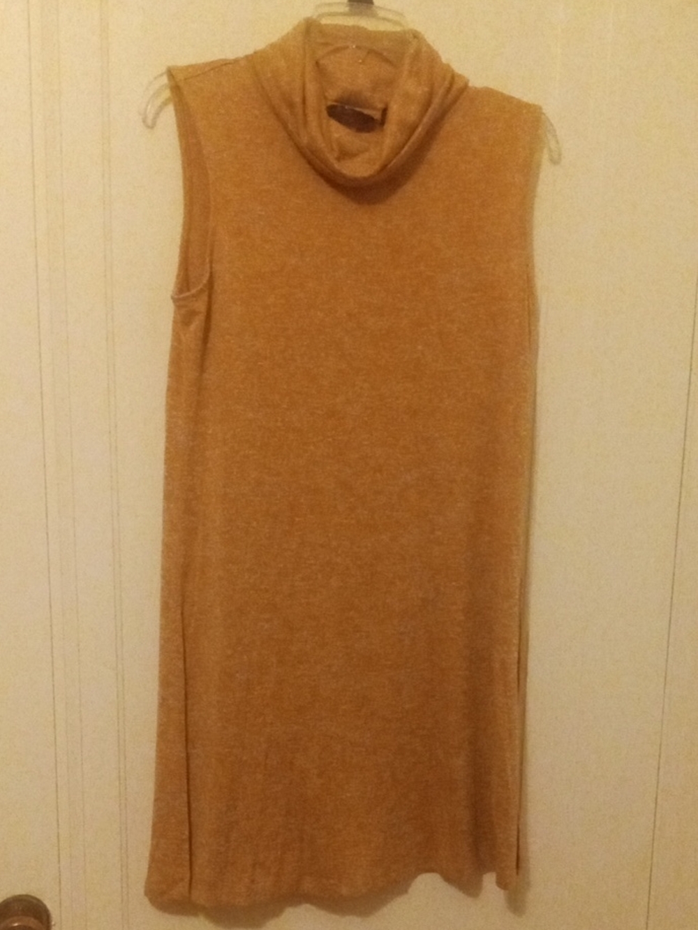 women med tan sleeveless dress cowl neck,